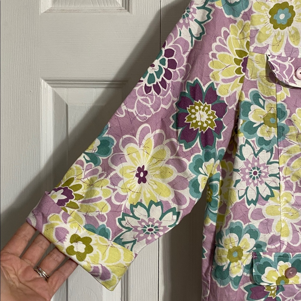 Alfred Dunner Purple & Green Floral Linen Blend Top blouse shirt size 8P - Picture 4 of 10